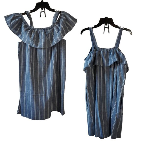 NWT, J. Crew Factory, Striped Chambray Ruffle-neck Cold Shoulder Dress, Blue - Picture 2 of 9